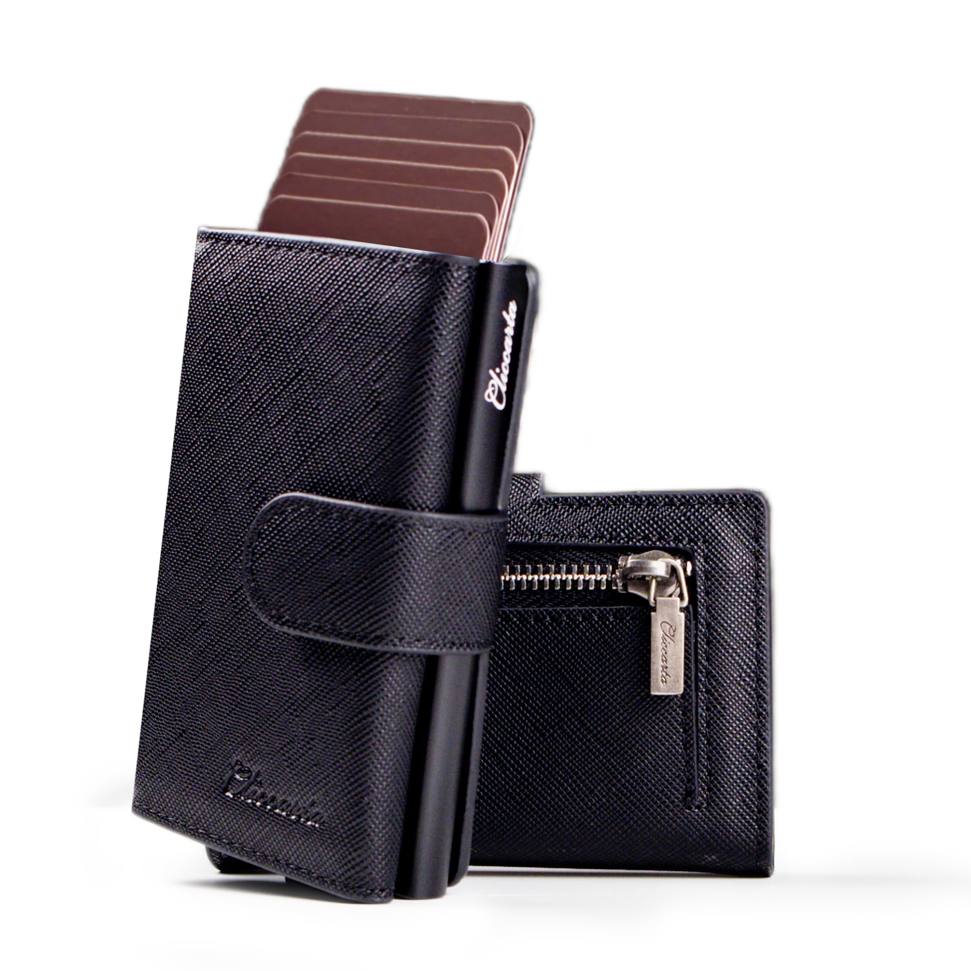 Portafoglio Uomo Slim RFID, Porta Carte Uomo Donna con Portamonete e Scomparto Banconote, Compatto ed Elegante, Idea Regalo (Nero Saffiano)