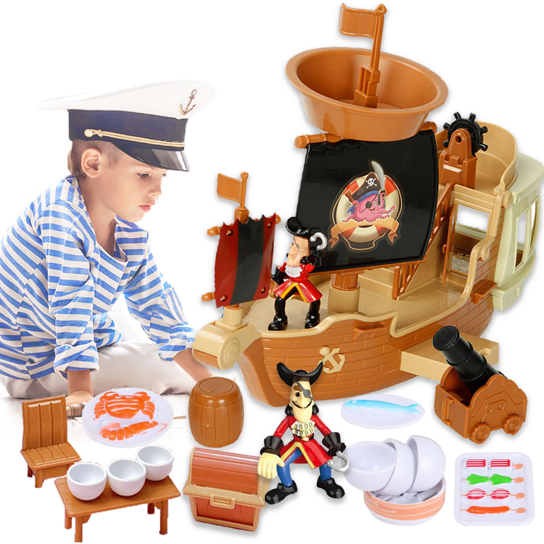 sobebear Kids Pirate Boat Ship Toy Set Includes Captain Hook Action Figure, Canons, Treasure Chest, Food & Table, Pretend Play Medieval Sea Adventure Treasure Set for Boys & Girls 3+ Ages