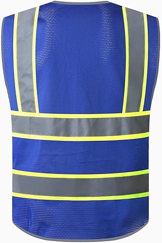 Miniatura 8 de Chaleco de seguridad negro reflectante de alta visibilidad de malla para hombres y mujeres, con 9 bolsillos y cremallera, chaleco de construcción de