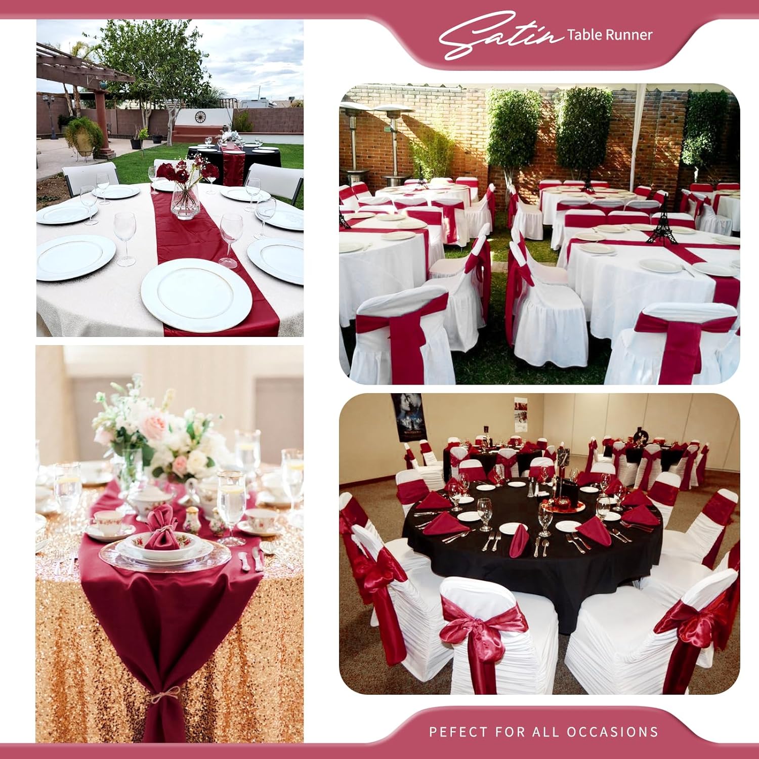 20 Pack Burgundy Satin Table Runner,12 x 108 inch Long Premium Smooth Burgundy Table Runners for Wedding, Banquets, Birthday, Party, Engagements,Table Runners fit Rectangle and Round Table