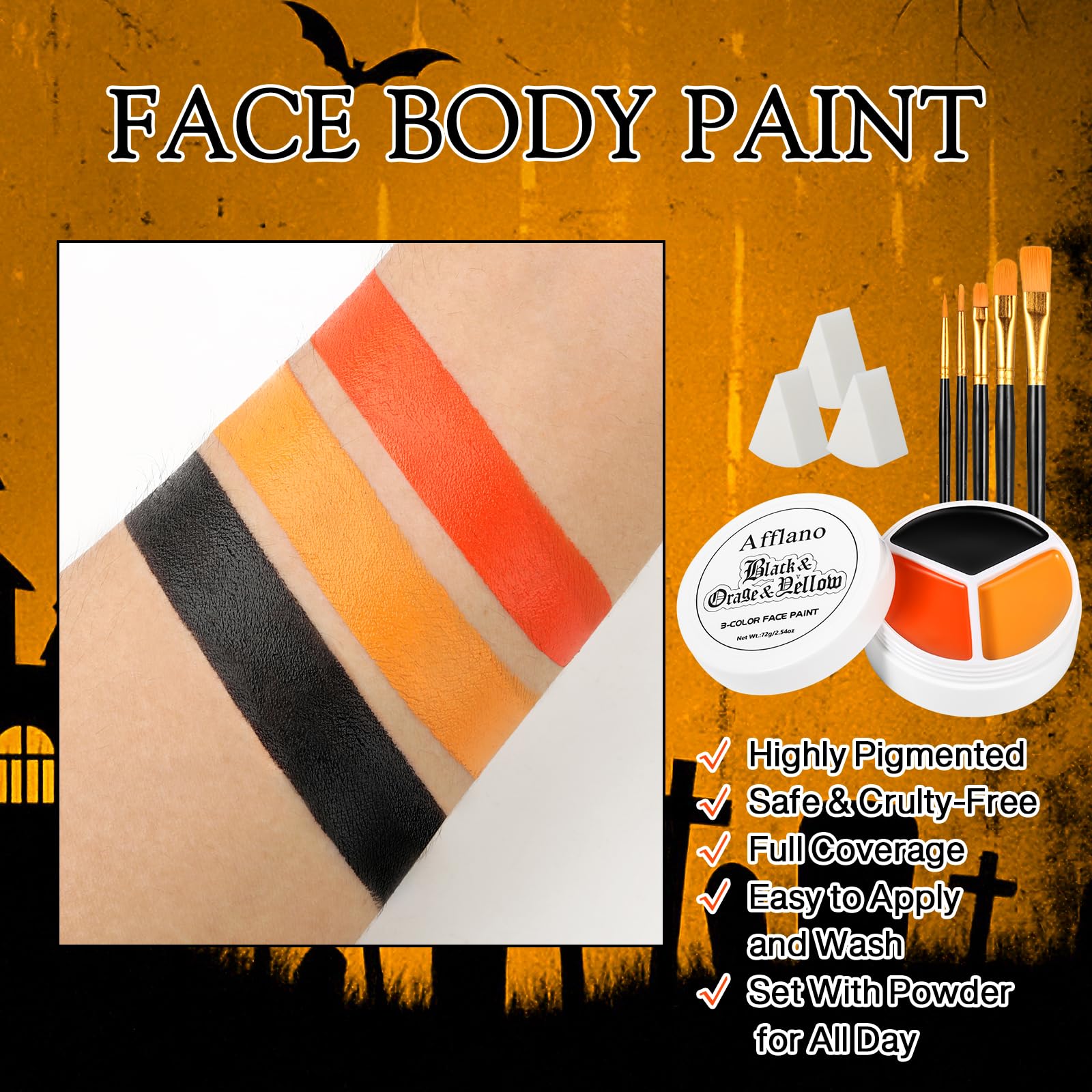 Pintura corporal negra, naranja y amarilla + 3 esponjas + 5 pinceles para maquillaje de espantapájaros de Halloween, 9 piezas de pintura facial no tóxica a base de aceite para Halloween calabaza SFX 3