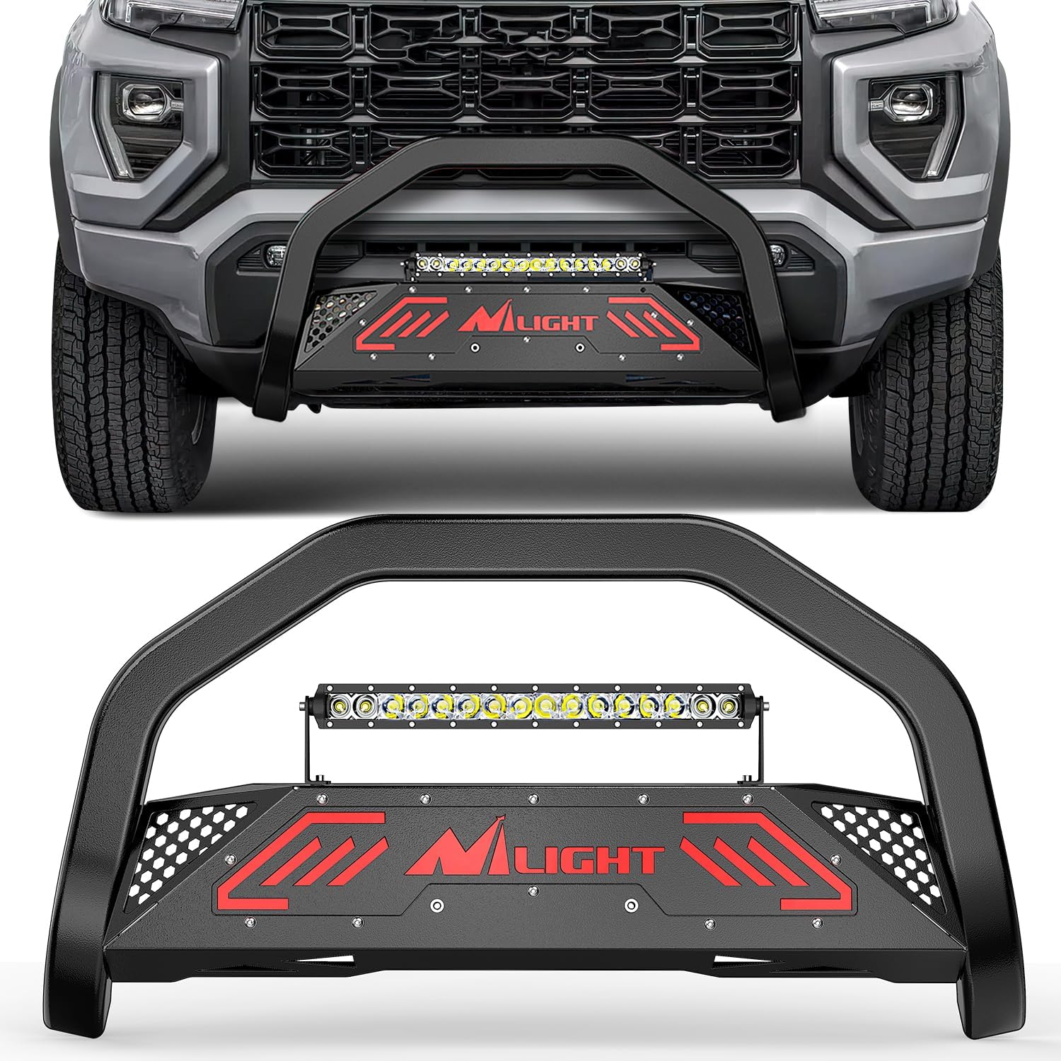 Nilight Bull Bar with Light fits Chevy Colorado (Excl. ZR2) 2015-2022 & GMC Canyon 2015-2022 Front Bumper Grille Brush Push Guard with Skid Plate Licence Plate Hole Black