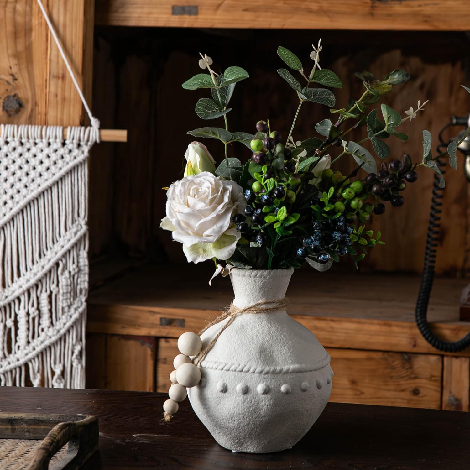 Mowtanco Rustic Ceramic Vase with Boho Wooden Beads, Matte Decorative Pottery for Modern Farmhouse and Bohemian Decor, Floral Arrangements, Living Room, Dining Table Centerpieces