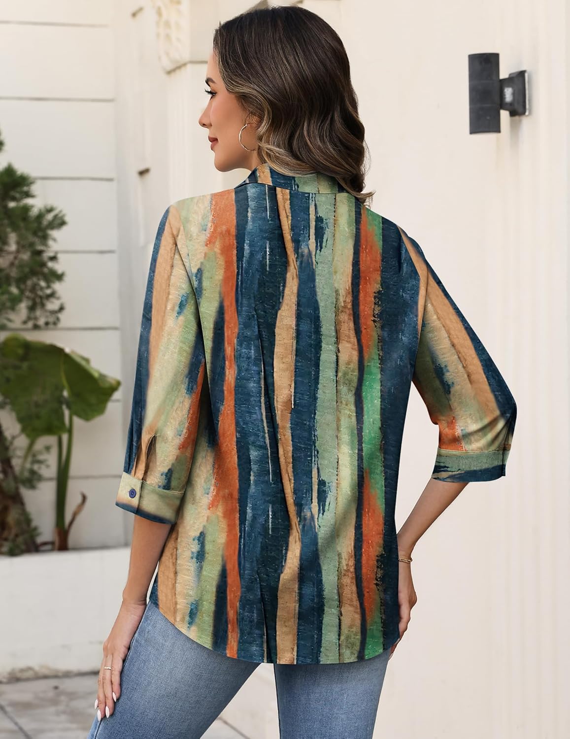 Zeagoo Button Down Shirts for Women 3/4 Sleeve Tops V Neck Collared Blouses Business Casual Outfits S-2XL - Image 5