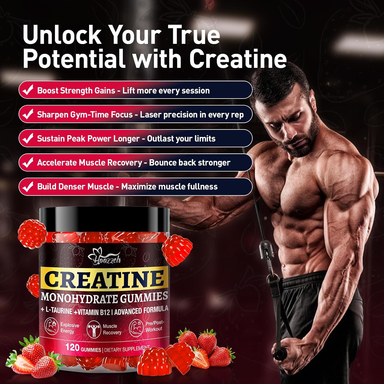 Creatine Gummies for Men & Women, Creatine Monohydrate Gummies, 5g Creatine per Serving, Gluten Free, Vegan Friendly, Strawberry Flavor, 120 Count