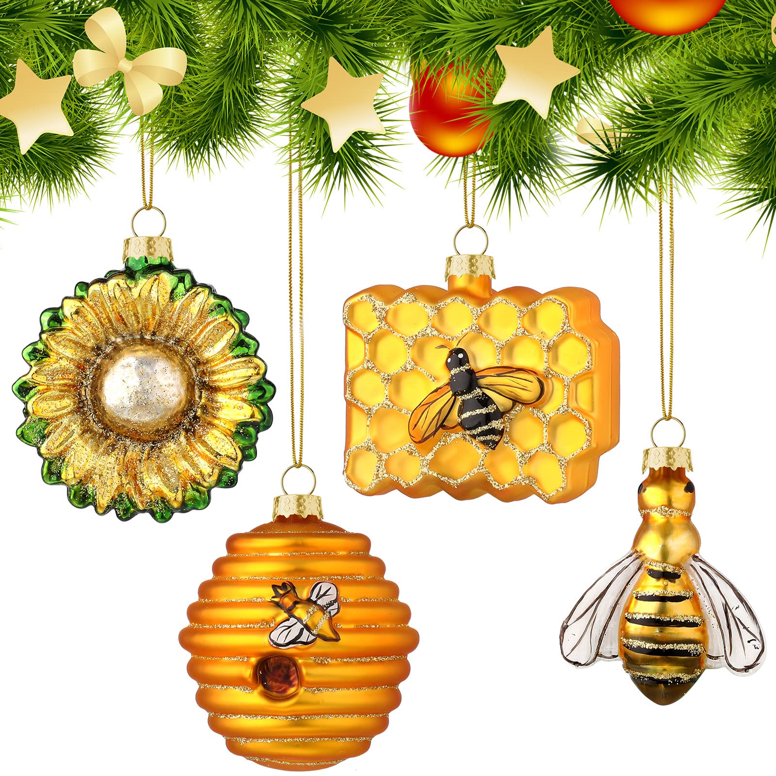 Cadeaux sur le thème des abeilles : 4 décorations de Noël vintage en verre