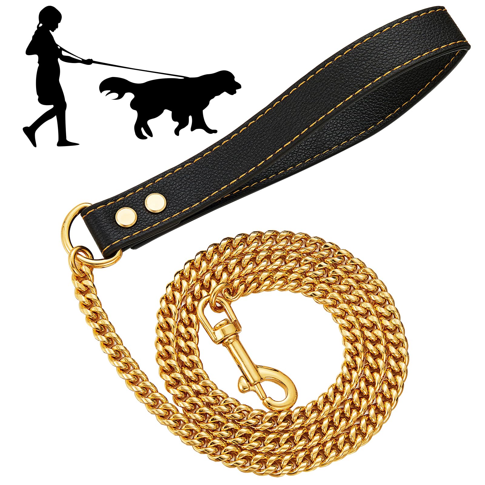 1.2 m Gold Dog Chain Leash with Comfortable Handle,10 mm Wide Solid Stainless Steel Chew Proof Cuban Link Chains Dog Leashs for Small Medium Large Dogs