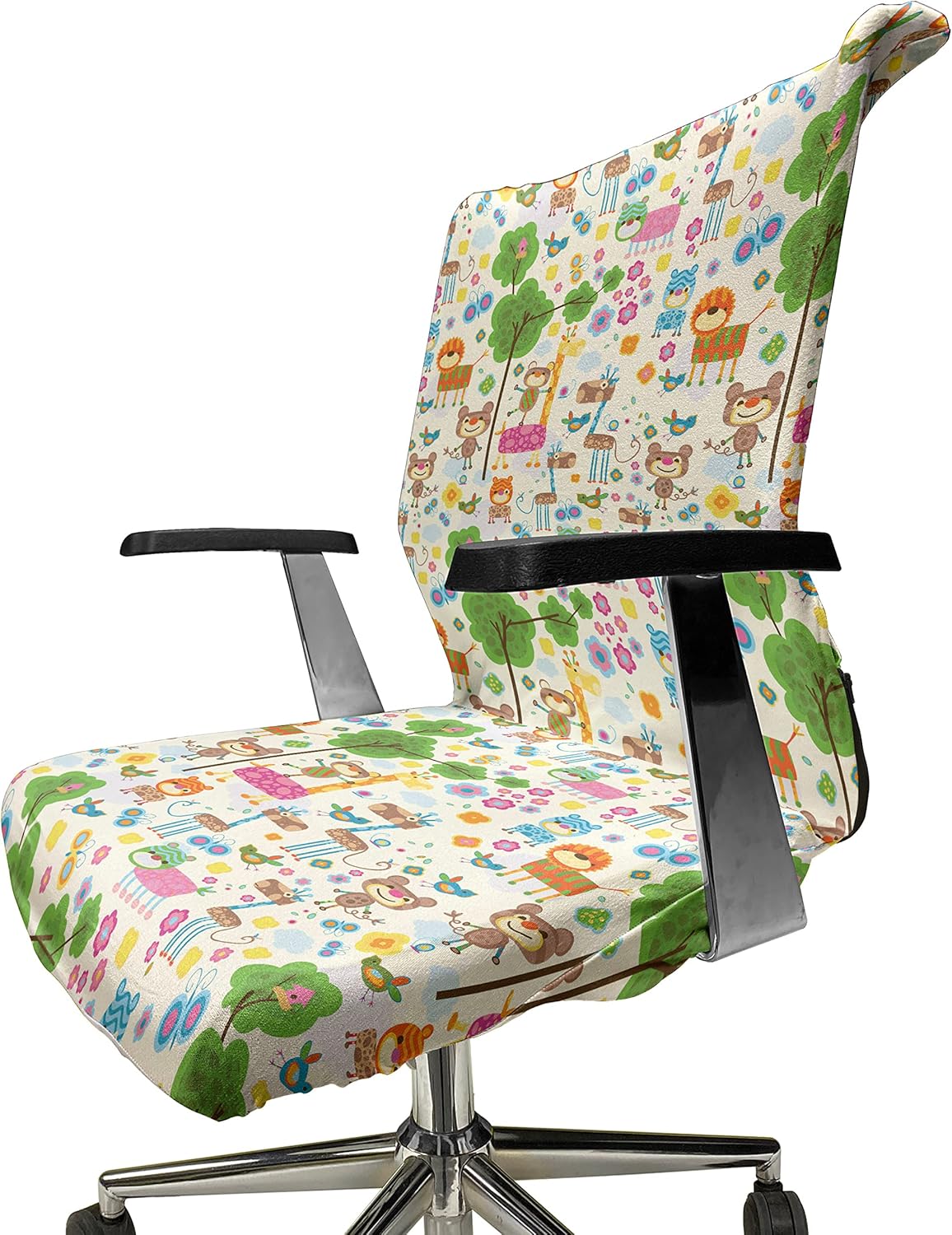 Ambesonne Zoo Office Chair Cover, Happy Friendly Jungle Animals Giraffe Monkey and Butterfly Trees Flowers Zoo Nature, Stretchable Decorative Universal Size High Back Printed Slipcover, Blue Brown