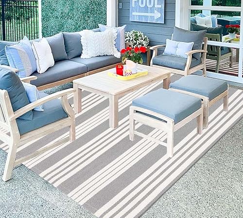 Alfombra de patio al aire libre a rayas grises y blancas de 4 x 6 pies, alfombra de algodón tejida a mano para patio, alfombra de porche delantero