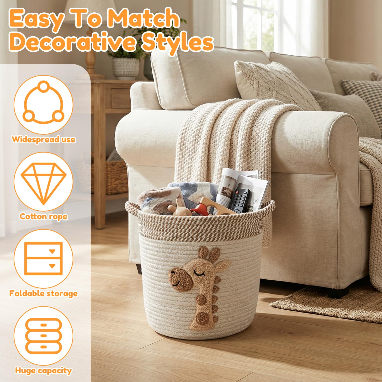 Toy Storage Basket,Woven Cotton Rope Storage Baskets with Embroidery Decor for Kids,Laundry Blanket Basket Dirty Clothes Baskets with Handles for Living Room,Nursery,Kids Bedroom - Image 4