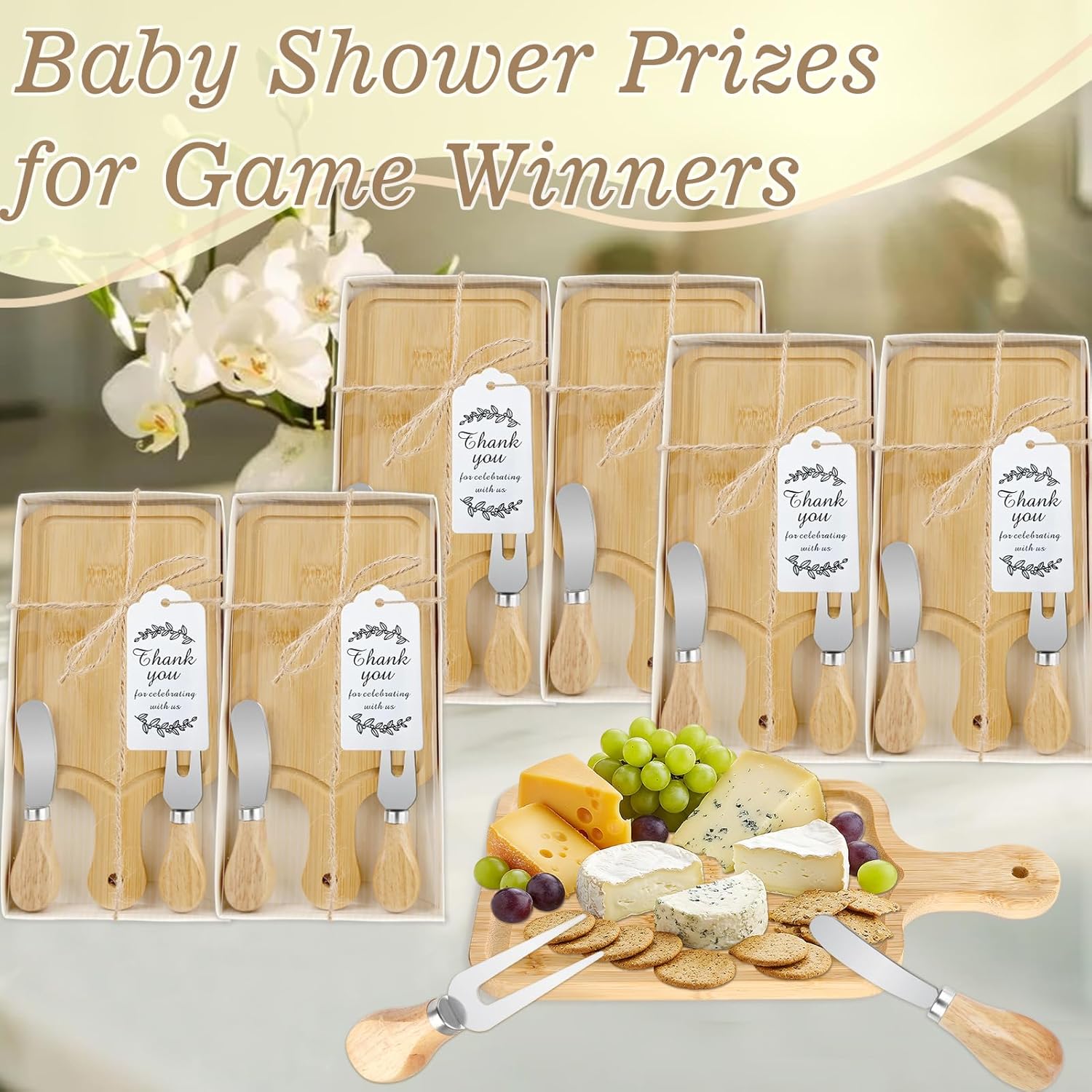 6 Sets Baby Shower Gifts for Guests Prizes, Bridal Shower Prizes for Game Winners, Cheese Board Gift Set with Charcuterie Boards, Knives, Forks, Thank You Card & Gift Box