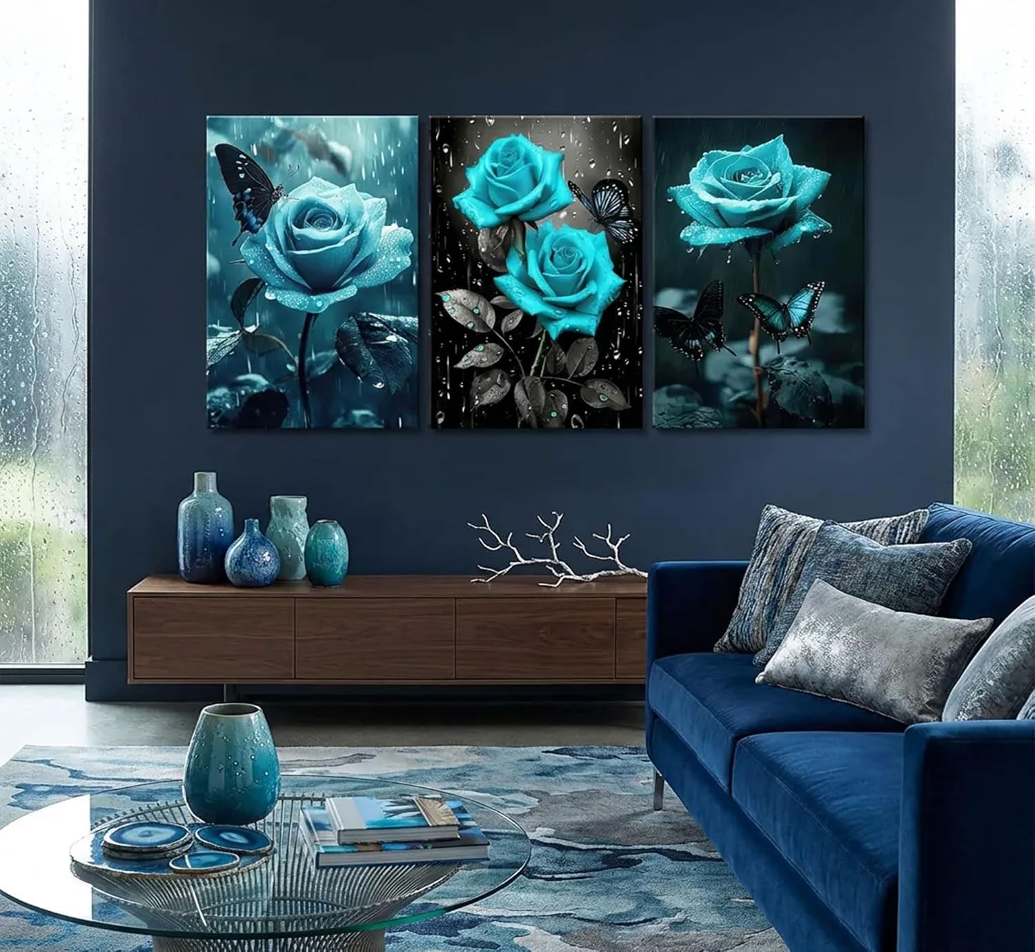3Pcs Elegant Teal Rose Canvas Wall Art Rain Drenched Rose With Butterflies Wall Decor Pictures Natural Flowers Posters Prints Paintings for Living Room Bedroom Office Bathroom Home Decorate
