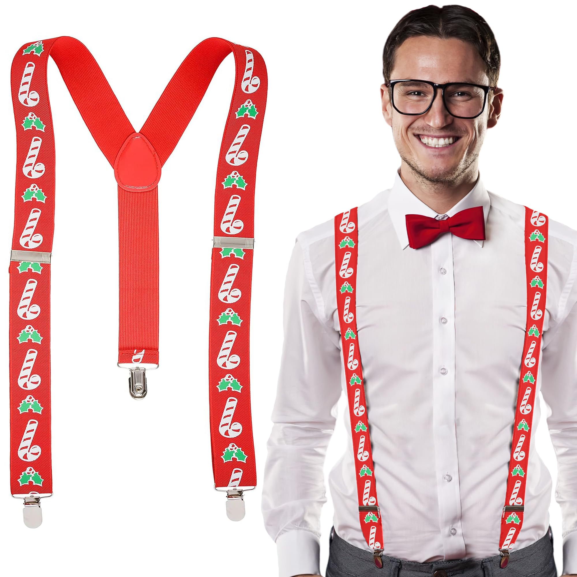 Novelty Christmas Braces for Men Trousers - Candy Cane Christmas Novelty Braces for Men Trousers - Xmas Red Suspenders with Candy Cane Print - Adjustable Xmas Suspenders as Santa Accessories