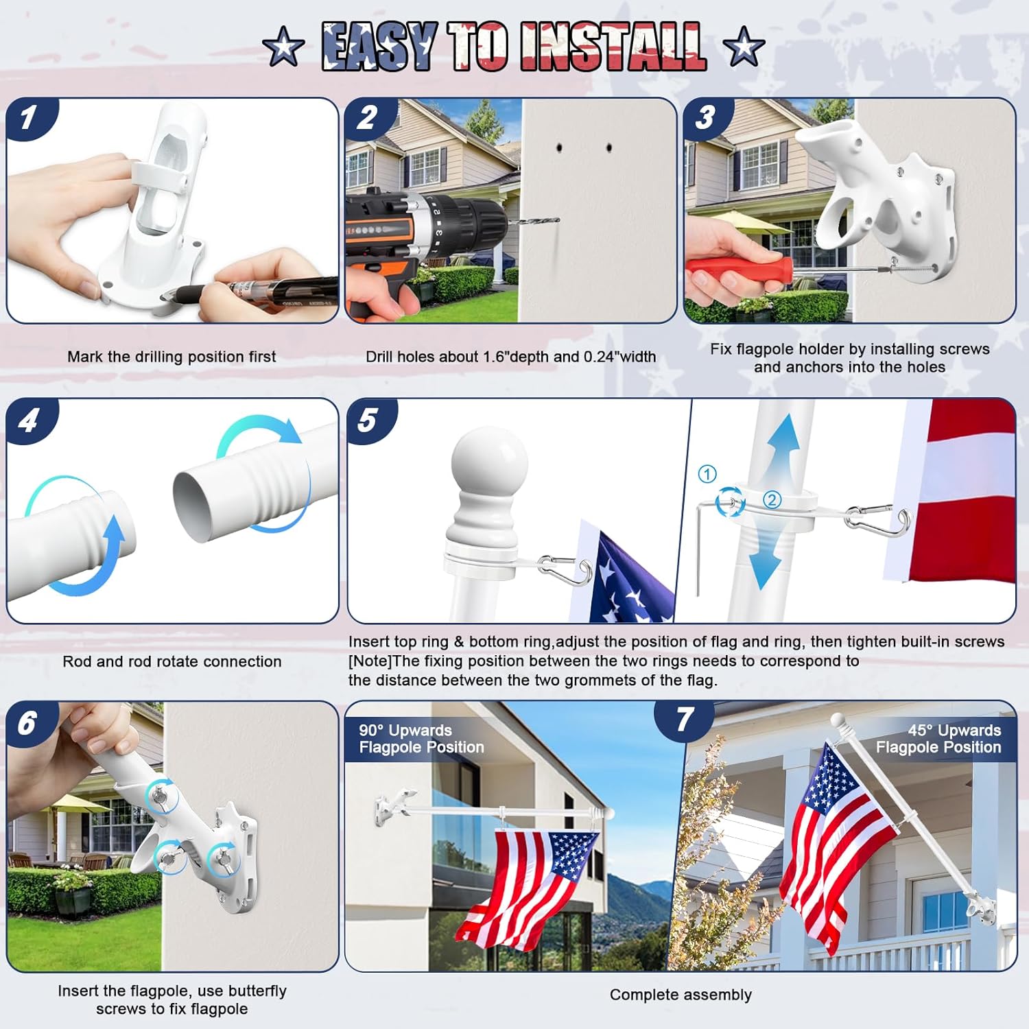 REERON House Flag Pole kit, 5 FT Metal Spinning Flag Poles Kit, 1" Tangle Free Stainless Steel Flagpole with 360° Flagpole Rings & 2-Position Bracket for Outside House Porch Wall Mount for 3x5 Flag - Image 7