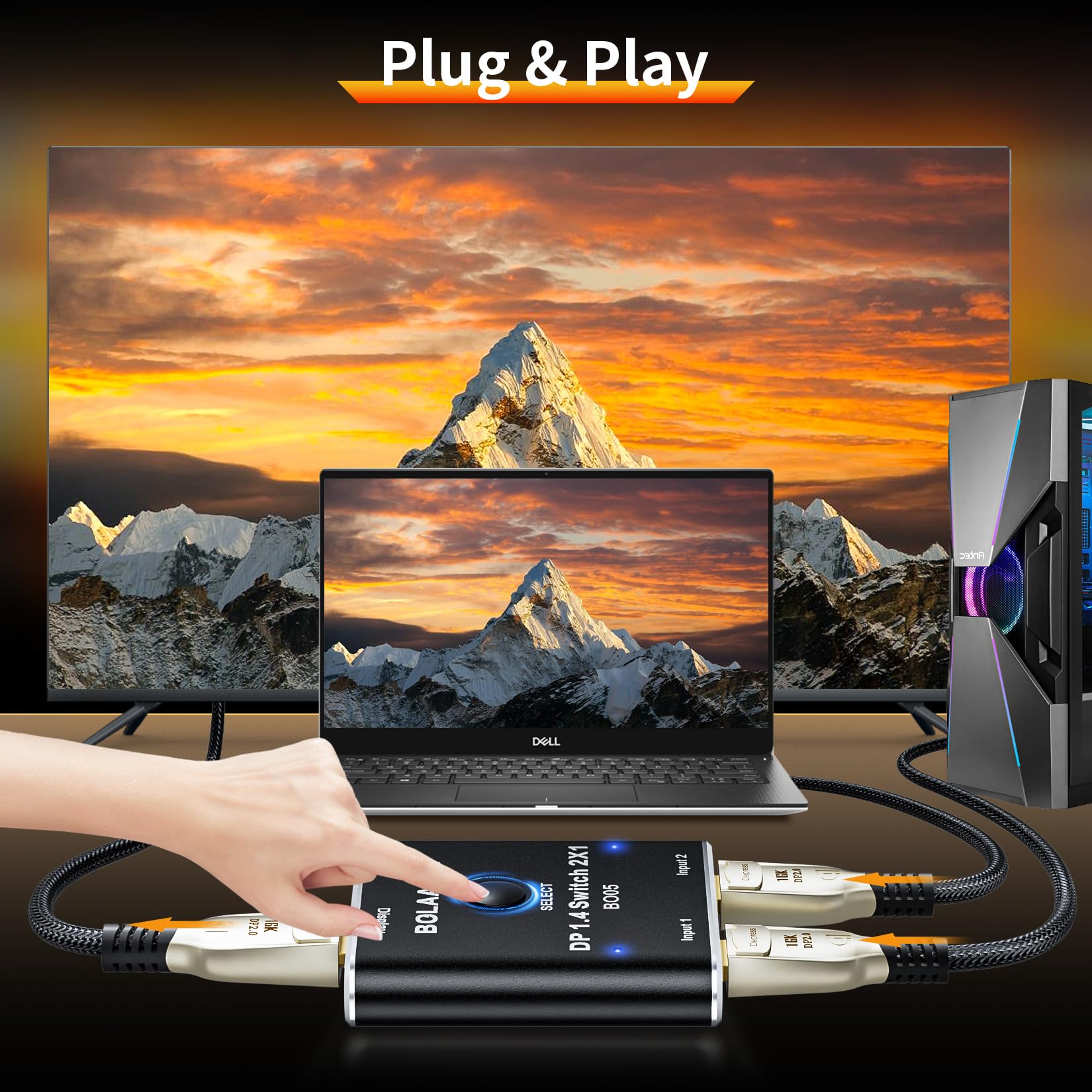 Switch DisplayPort 8K a 2 porte, BolAAzuL DisplayPort 1.4 Switcher 2 in 1 Out, Switch Box DP unidirezionale - Solo 2 ingressi 1 uscita - 8K@60Hz, 4K@120Hz, 2K@144Hz per Monitor Laptop