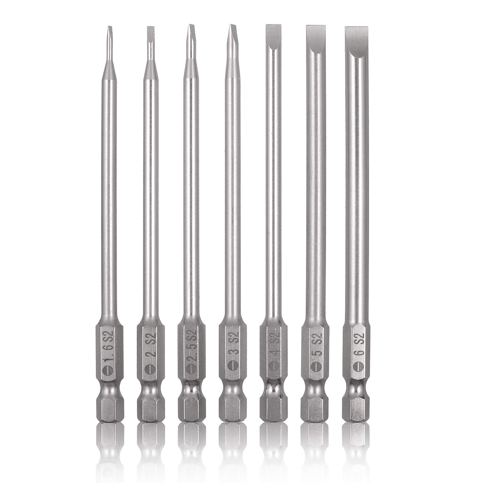 Mixiflor 7 Pcs Flat Head Screwdriver Bit Set,1/4 Inch Hex Shank 4 Inch Long S2 Steel with Magnetic, Impact Tough Screwdriving Power Bits