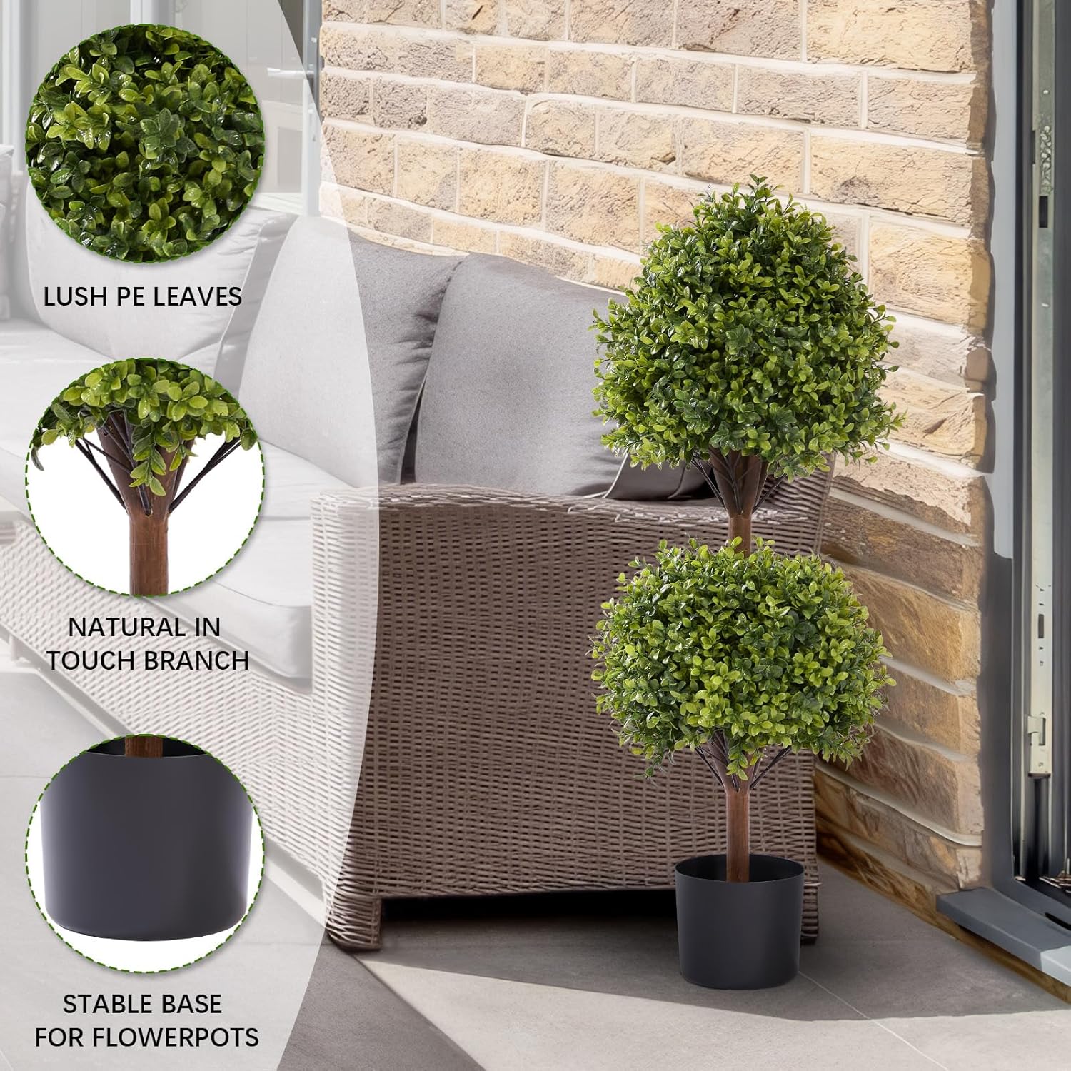 THE BLOOM TIMES 40" Tall Artificial Boxwood Double Ball Topiary Trees, UV Resistant Large Fake Potted Plants for Outdoor Planter, Realistic Faux Bushes Shrubs for Front Porch Outside Decor Set of 2