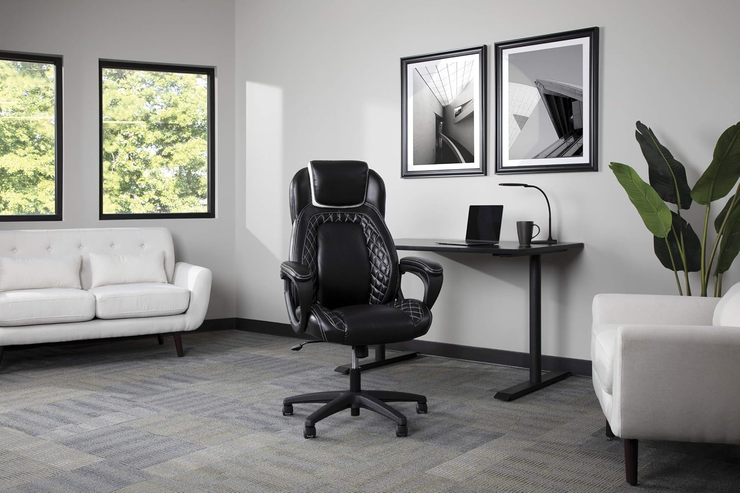 OFM ESS Collection Racing Style SofThread Leather High Back Office Chair, White