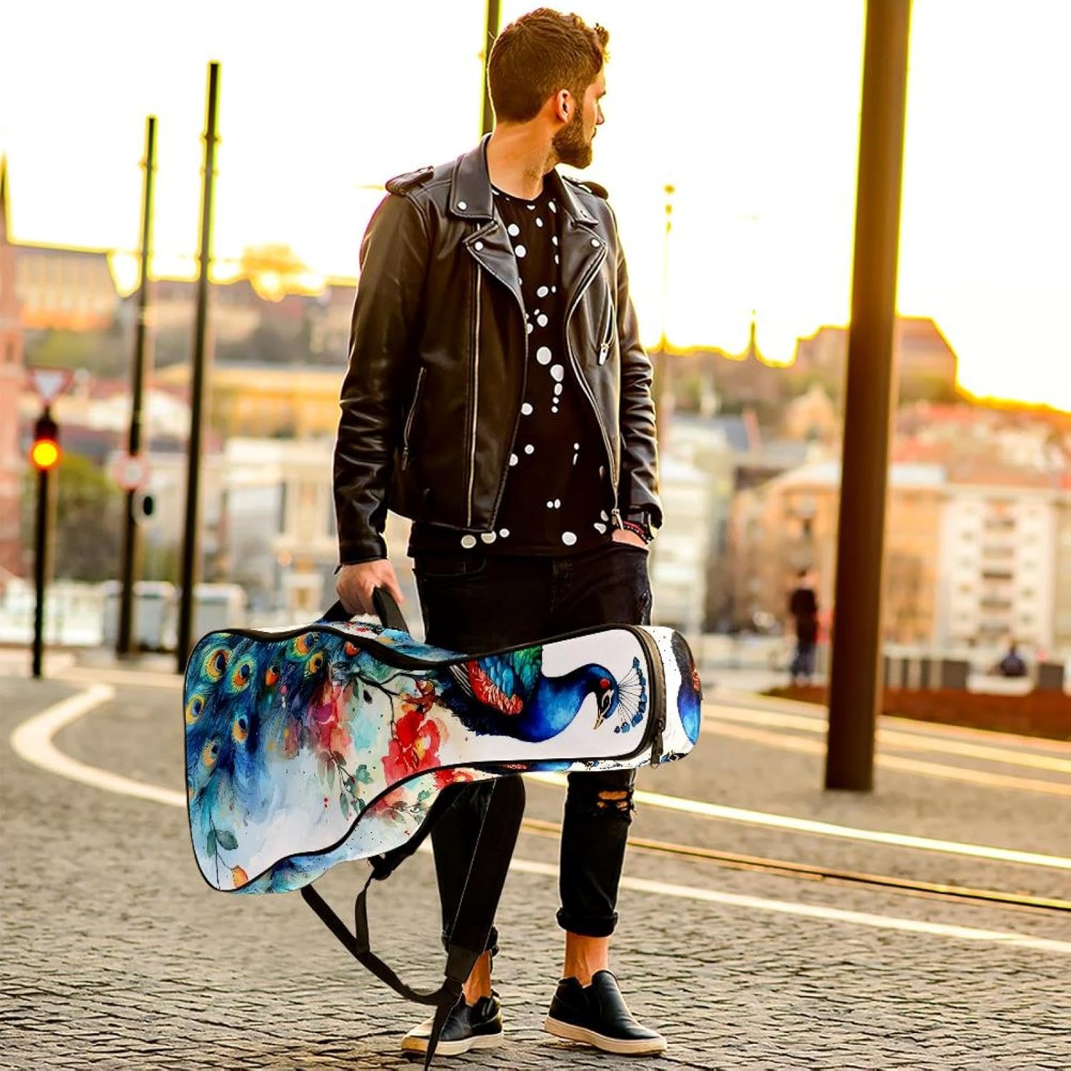 40 41 42 Inch Acoustic Guitar Bag, 0.4 In Thick Sponge Padded Guitar Case Gig Bag with Back Hanger Loop and 2 Pockets, Aesthetic Peacock with Feathers Flowers