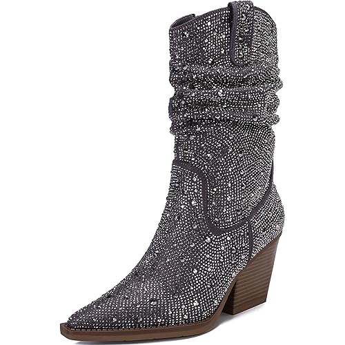 EOXHFNLC Women's Rhinestone Cowboy Boots Sparkly Western Booties Studded Side Zipper Bridal Wedding Glitter Mid Calf Boots Cowgirl Ankle Boots