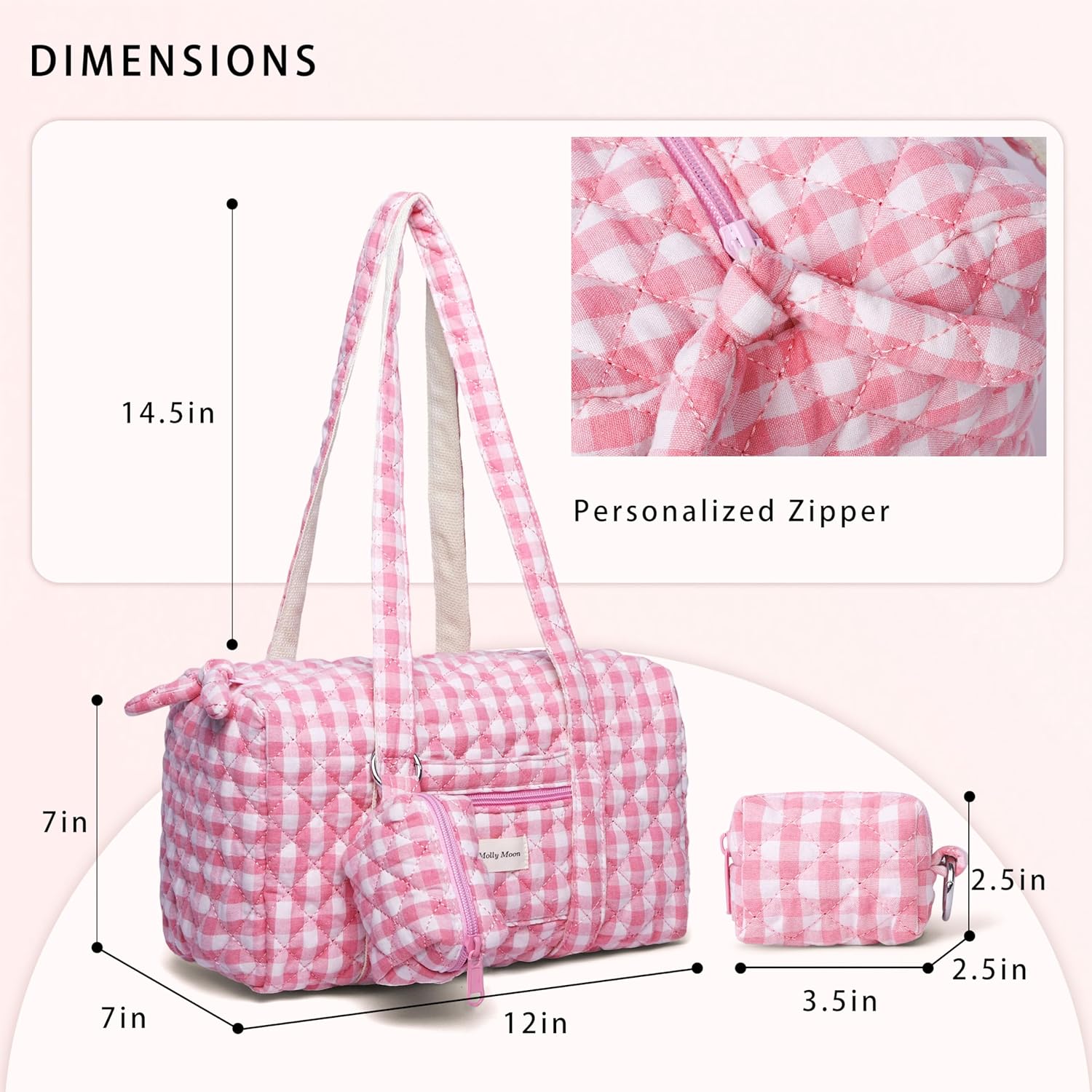 Top Zipper Gingham Quilted Bag Small Tote Bag for Women, Gingham Tote Bag with Coin Purse, Quilted Cotton Shoulder Bag - Image 4