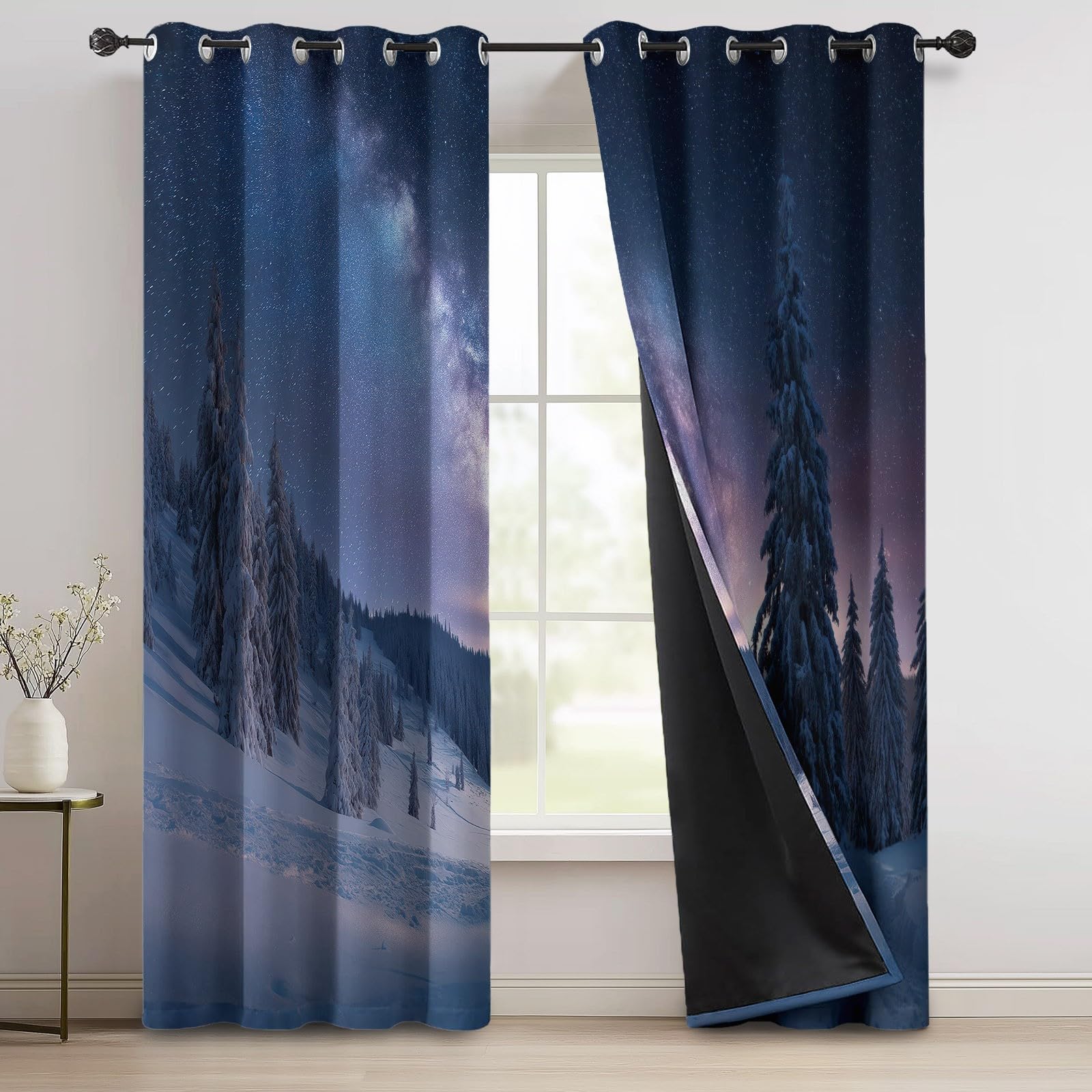 Natürliche Winterlandschaft Mit Schnee Bäume Design Blickdichte Vorhänge H215 x B110 cm (2er Set), Kälteschutz für das Standard-Schlafzimmer, Dunkelblau