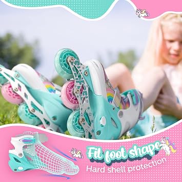SULIFEEL Rainbow Unicorn Inline Skates for Girls Boys 4 Size Adjustable Light up Wheels Skates for Kids Beginner