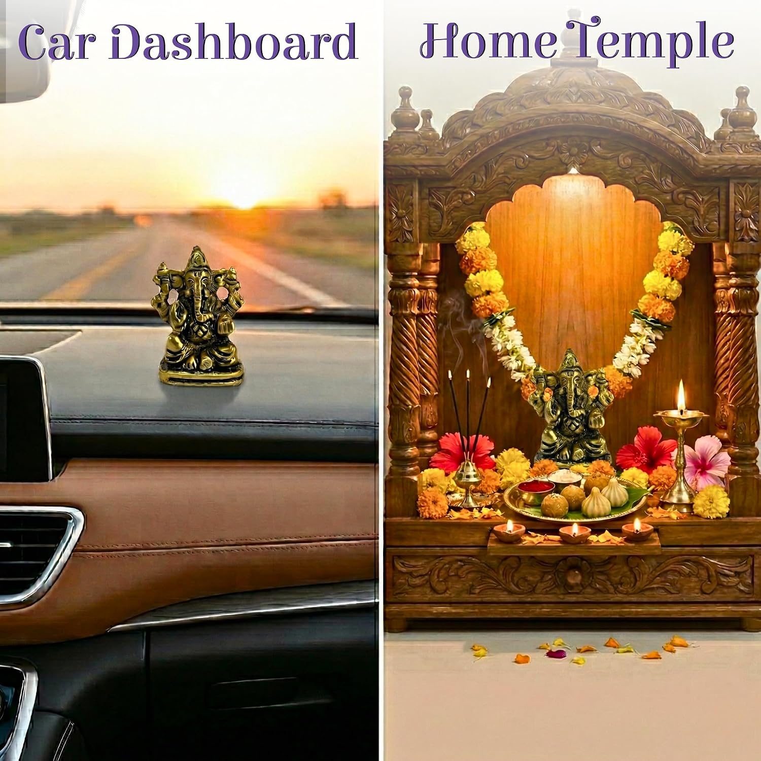 LOVENSPIRE 1 Pc Metal Ganesh Idol for Car Dashboard - 2" Spiritual Ganesh Statue for Mandir, Office & Home Decor - Small Ganpati Murti Figurine, Diwali Pooja & Housewarming Return Gift, Golden image 3