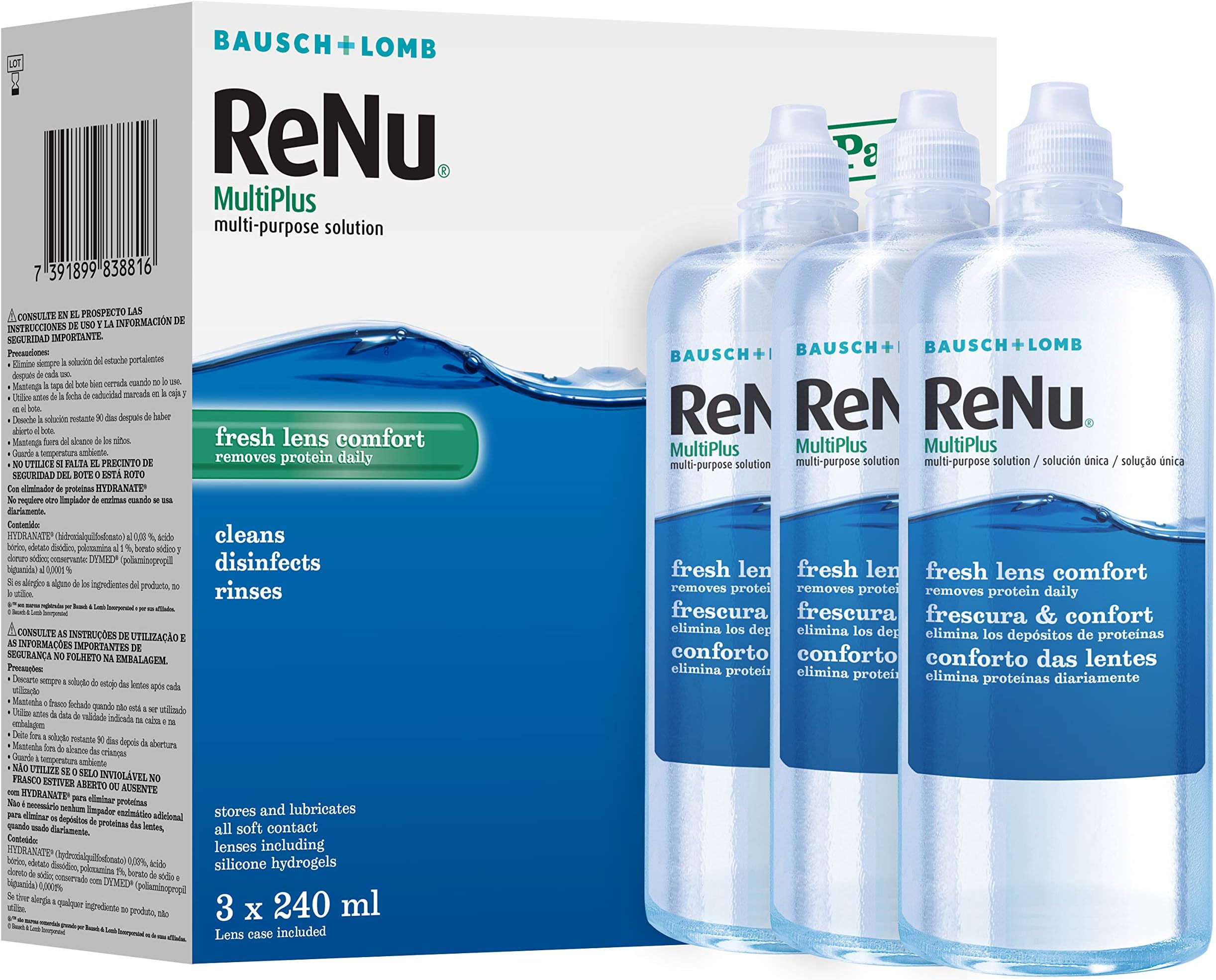 ReNu MultiPlus Multi-Purpose Contact Lens Solution, 3 x 240ml | For Soft Contact Lenses | Moisturise, Remove Protein, Clean, Disinfect, Lubricate, Rinse and Store your Lenses | Lens Case Included