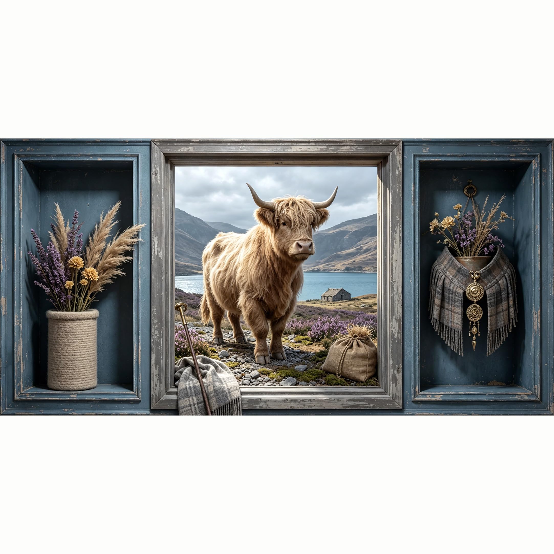 QZLITHOTIC 50x100cm 3D Framed Wall Art， Highland Cow Mountain Lake Farmhouse Self‑Adhesive Mural， Water‑Activated Peel & Stick Fabric Decor Wall Decal for Bedroom Living Room
