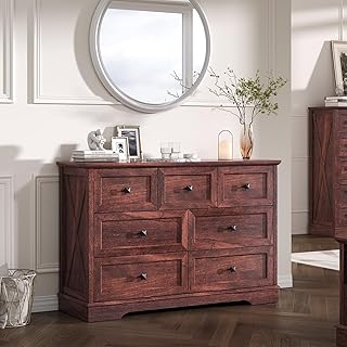 Farmhouse 7 Drawers Dresser for Bedroom with Charging Station, Rustic 7 Chest of Drawers, Wood Dressers for Closet,Modern Storage Organizer Cabinet for Living Room,Hallway & Entryway, Dark Cherry Red