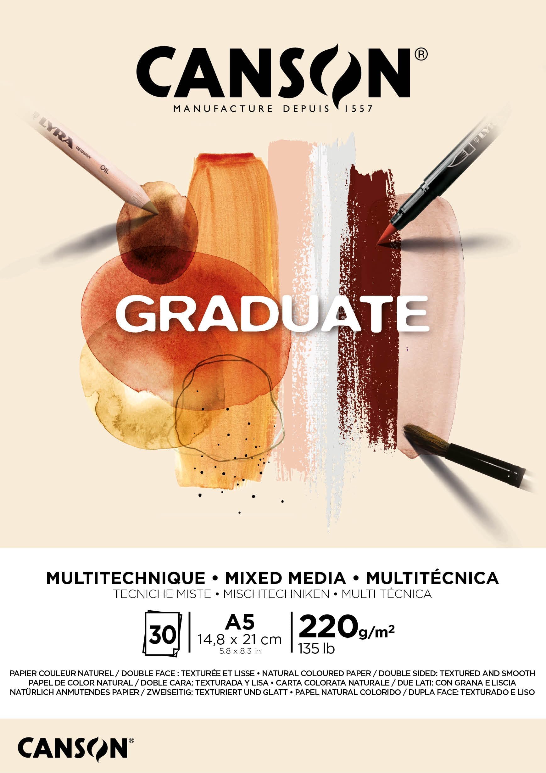 Graduate Mixed Media 200gsm A5 Paper, Double Sided: Grained And Smooth, Pad Glued Short Side, 30 Natural Sheets, Ideal for Student Artists