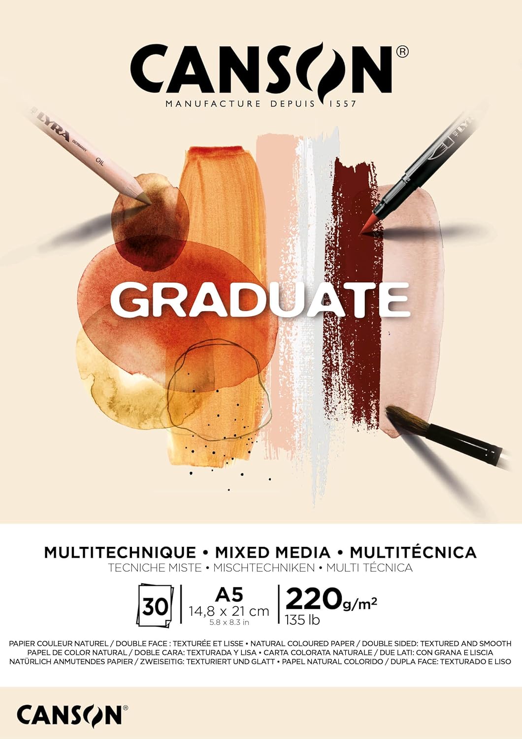 CANSON Graduate Mixed Media 200gsm A5 Paper, Double Sided: Grained and Smooth, Pad Glued Short Side, 30 Natural Sheets, Ideal for Student Artists