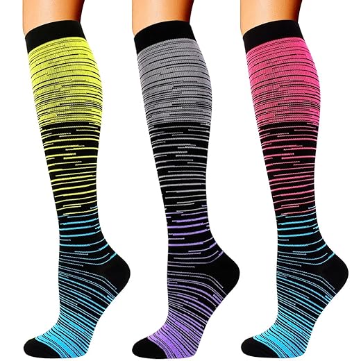Double Couple 3 Pairs Compression Socks for Women Men 20-30mmhg Knee High Stocking for Sports Running Travel Nurses Pregnancy