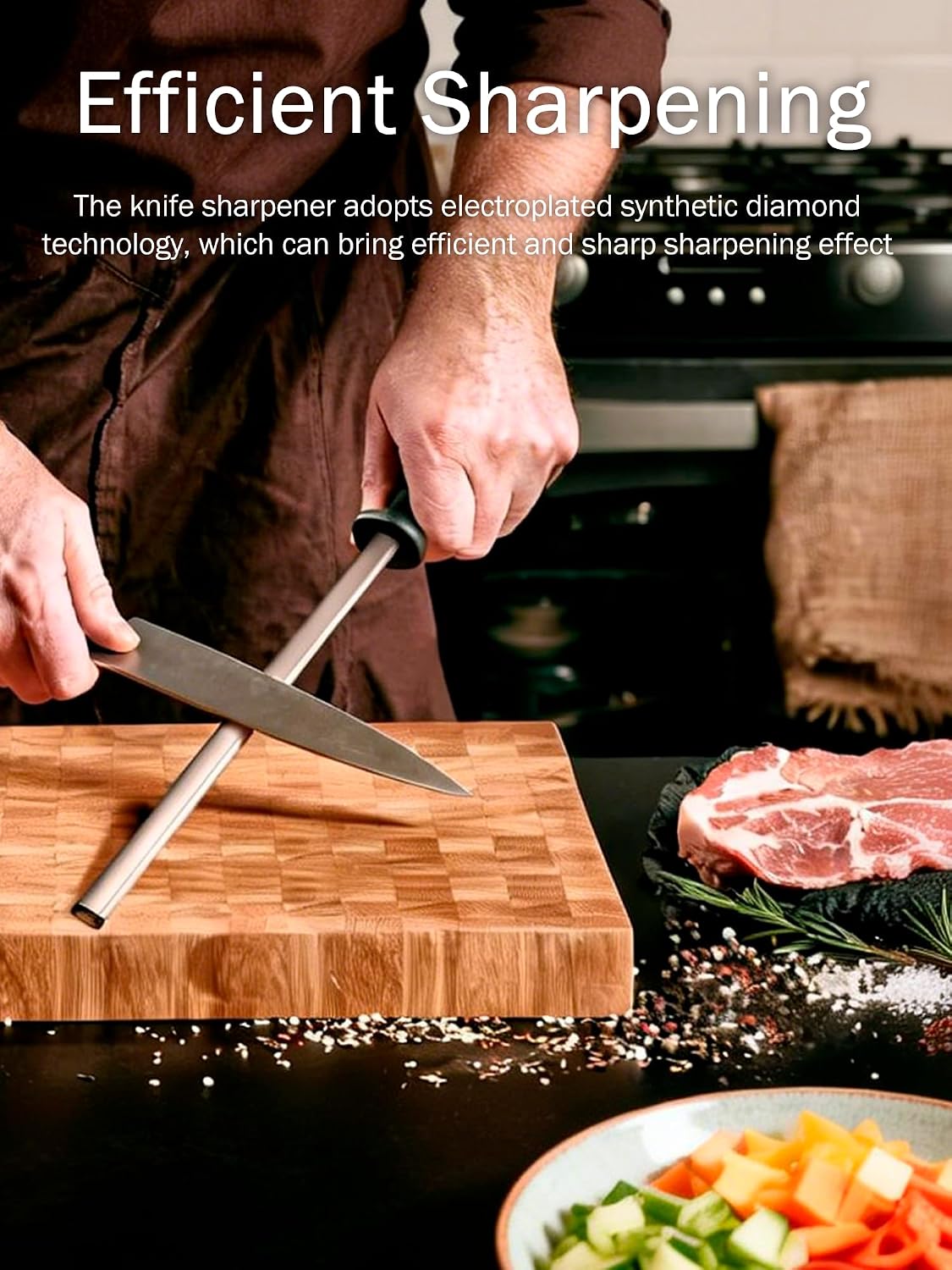 Knife Sharpener Rod, 8 Inch Diamond Sharpening Steel, Kitchen Honing Rod Knife Sharpening Tool for Home Kitchens and Restaurants