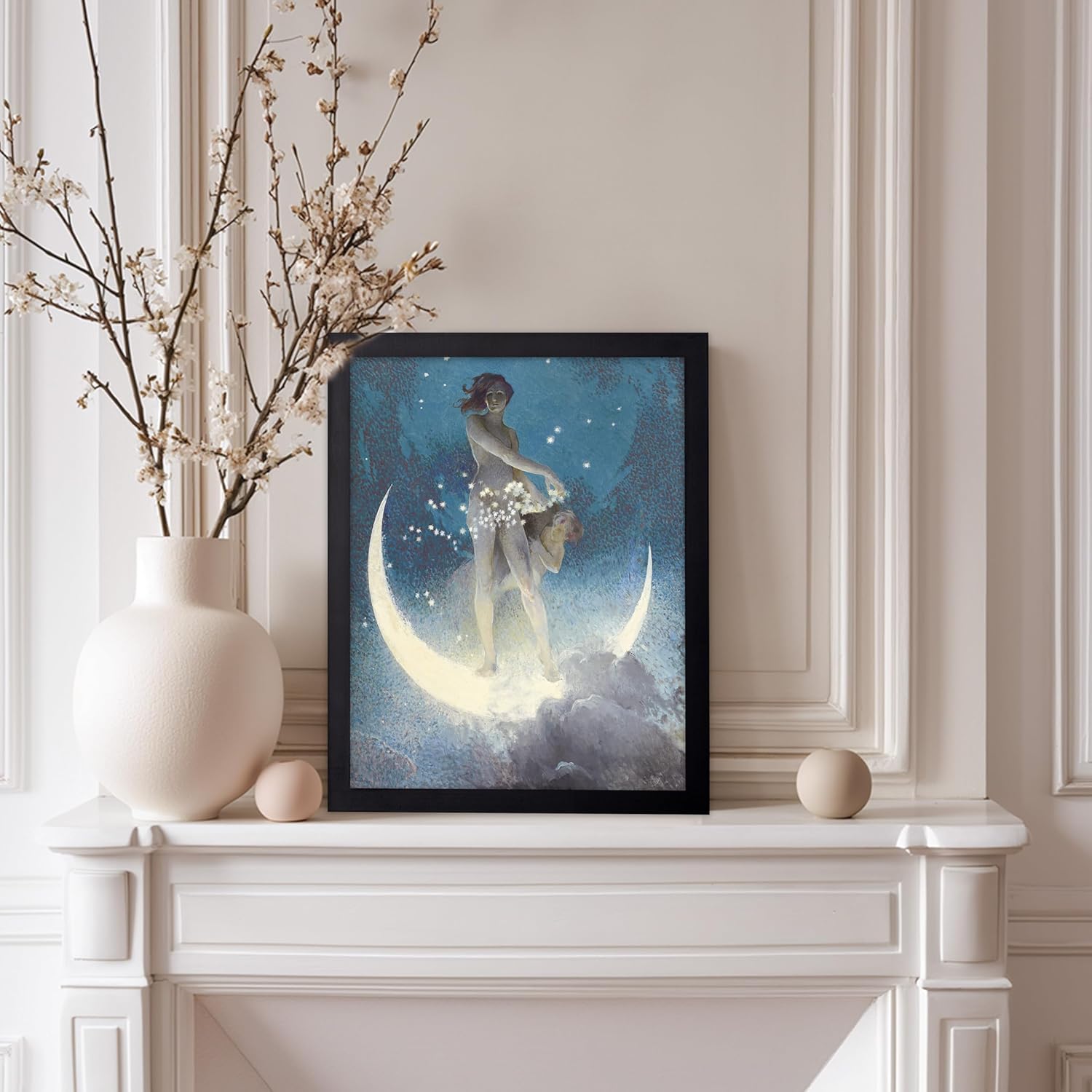 Poster Master Celestial Poster - Moon Goddess of Night Painting - Unique Wall Decor Gift for Home, Living Room, Kitchen, Office, Bedroom, Bathroom - Vintage Moon Art Print, 8x10 Black Framed