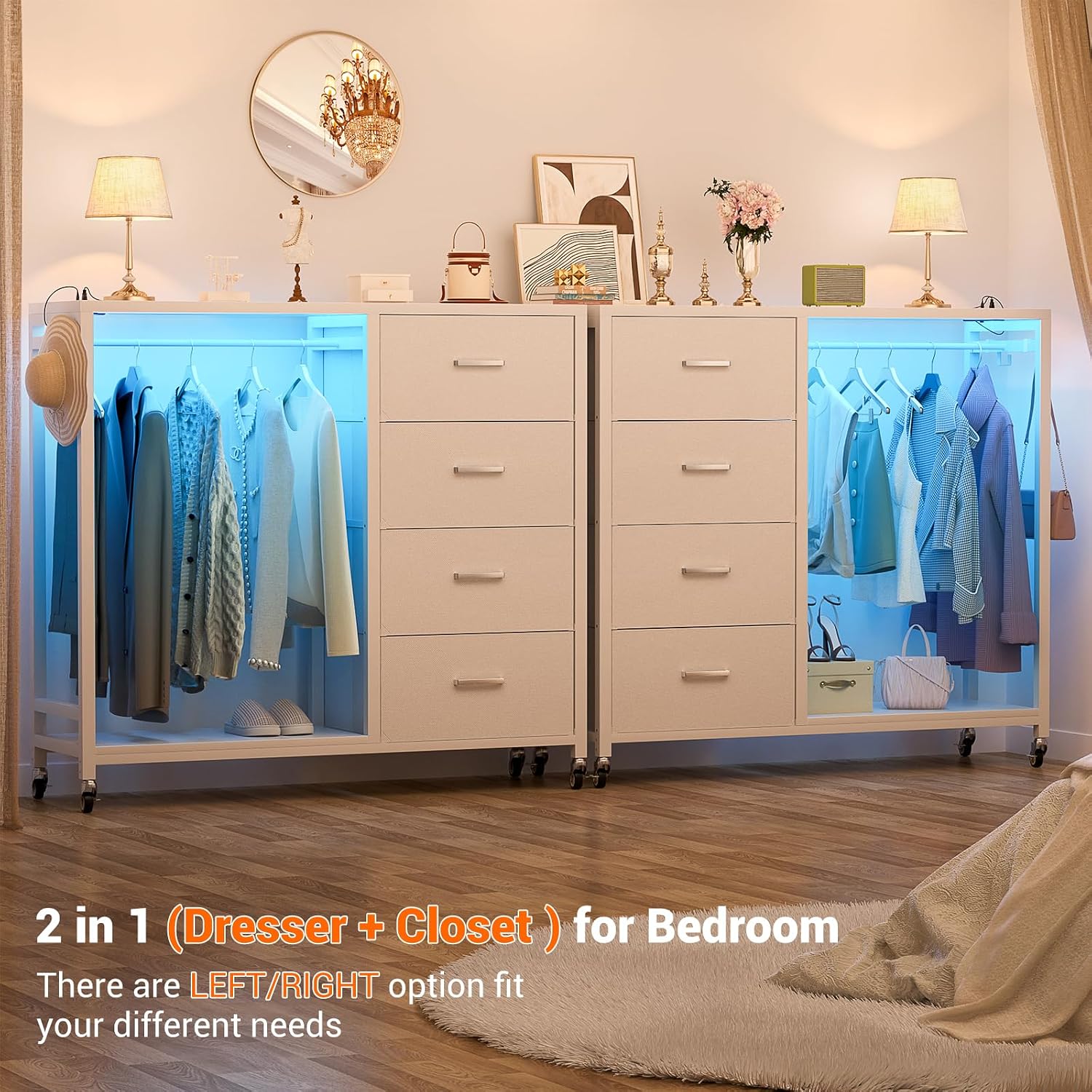 Cyclysio Dresser with Hanging Rack, 4 Fabric Drawers Dresser with Clothes Rack, Wooden Top Storage Chest of Drawers with Charging Station & LED Lights, Lockable Wheels, Closet