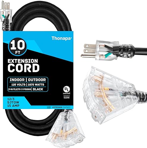 Miniatura 23 de SJTW - Cable de extensión iluminado para exteriores de 3 tomas de corriente, calibre 12, 15 amperios, cable de extensión de alimentación resistente