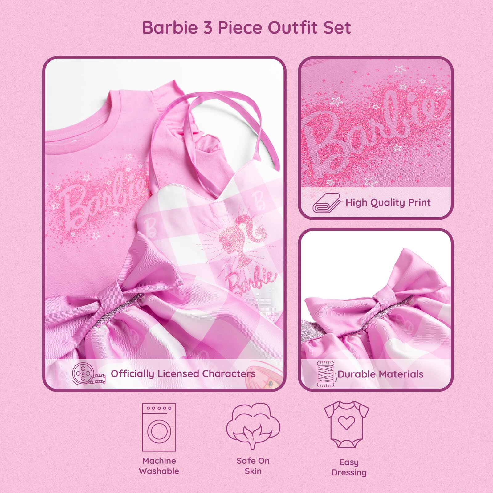 Barbie Dziewczęcy podkoszulek, satynowa spódnica i torba crossbody, 3-częściowy zestaw strojów od malucha do dużych dzieci (2T - 14-16)