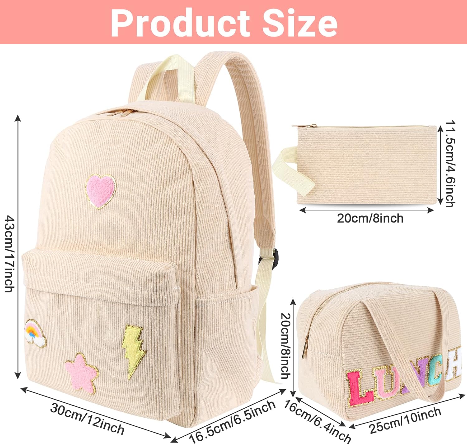 Kolewo4ever 3 Pieces Corduroy School Backpack Set Preppy Book Corduroy Chenille Letter Bookbag with Lunch Bag and Pencil Pouch for Teen Girls Women Laptop Backpack College Bookbags - Image 2