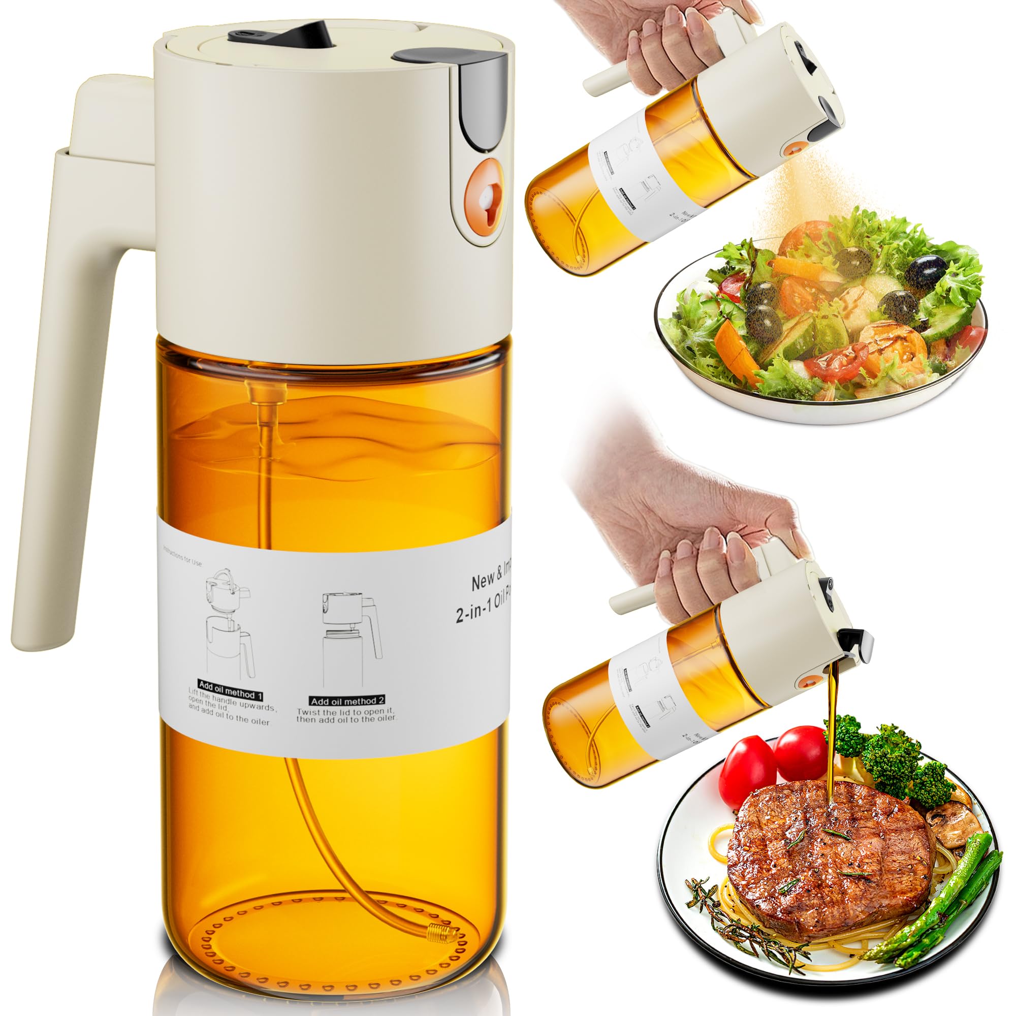 upgrade 2 in 1 oil sprayer for cooking, olive oil dispenser bottle for kitchen gadgets with stickers, 17oz/500ml food grade light-blocking glass spray bottle for salad, air fryer, bbq