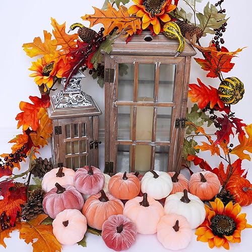 Vista 22 de Juego de 16 calabazas de terciopelo sintético surtidas, decorativas, color verde azulado, verde, gris, marfil, calabazas de espuma de tela