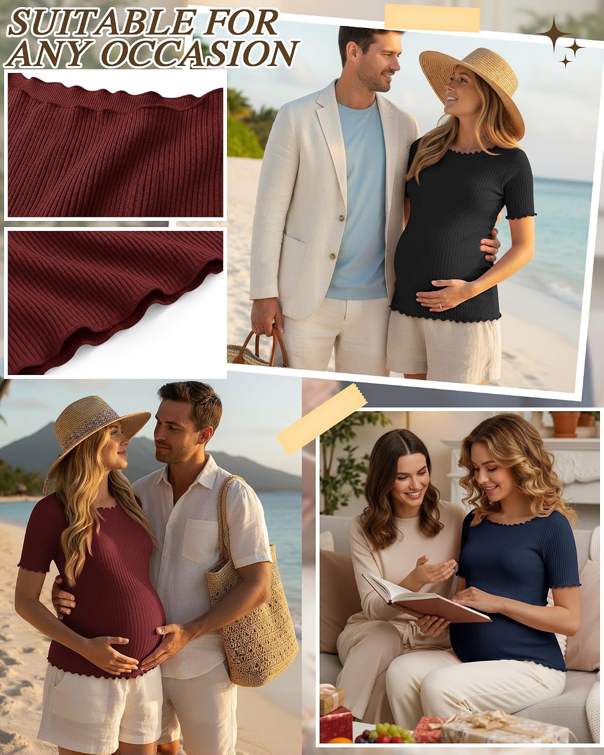 3 Pack Women's Maternity Ribbed Shirts Cotton Short Sleeve Pregnancy Tops Boat Neck Lettuce Trim Mama Clothes(Black, Navy Blue, Wine Red,Small)