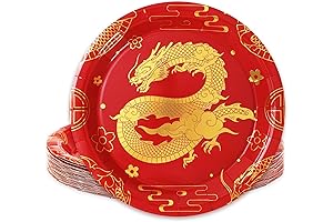 Whaline 24Pcs Chinese Red and Gold Foil Dragon Paper Party Plates with...