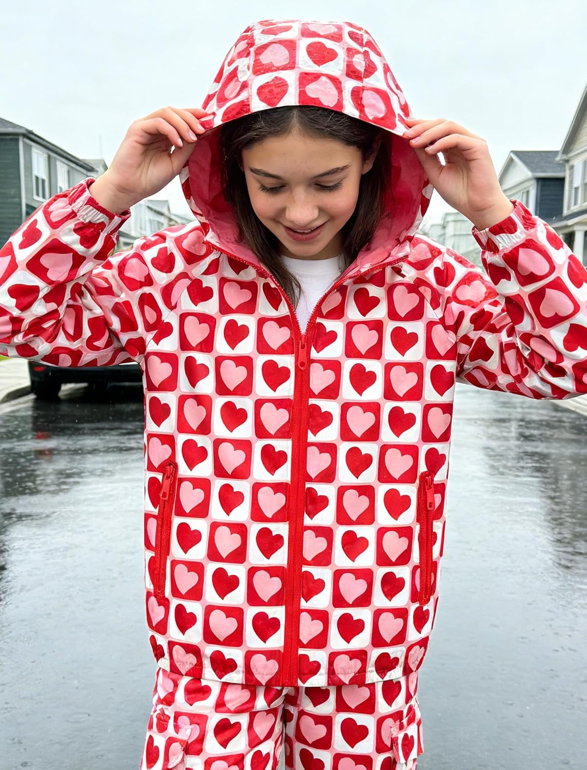 Girls Lightweight Rain Jackets Suits Waterproof Hooded Raincoats Kids Printed Coat+Pants Suit Sets Size 6-16