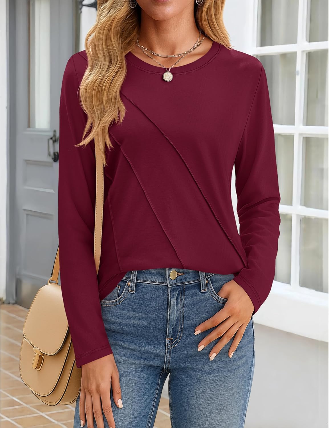 YUCOLEN Long Sleeve Shirts for Women Pleated Crew Neck Cotton T Shirts Solid Color Soft Casual Basic Tees Fall Trendy Tops - Image 2