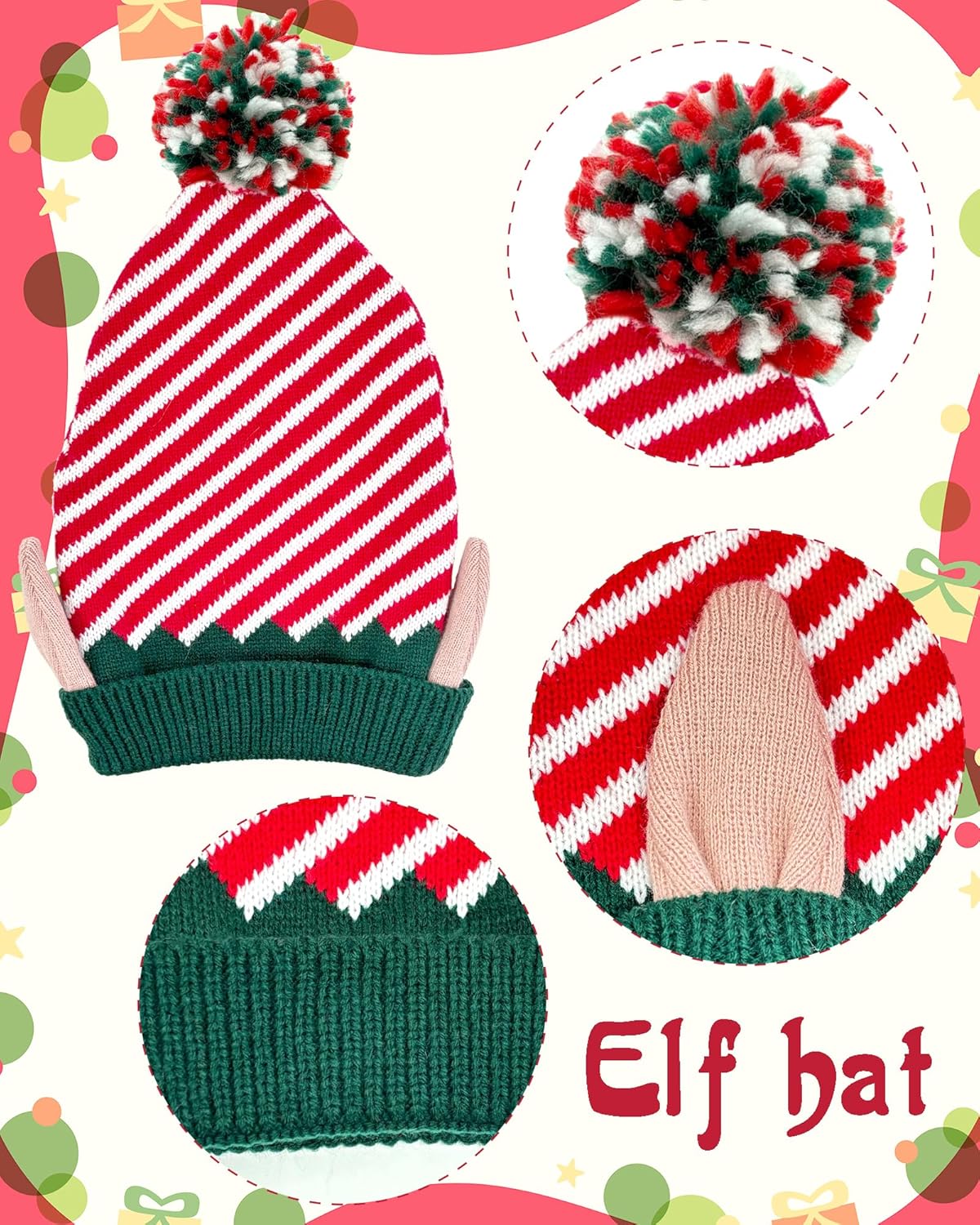 Dolkoic Christmas Elf Knitted Hat with Ear for Adults Striped Xmas Elf Beanie Warmth Hat Xmas New Years Party Hat - Image 4