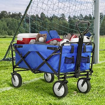 Utility Wagon Outdoor Collapsible Folding Wagon Cart, Portable Garden Cart - Heavy Duty Beach Cart with Adjustable Handles, All-Terrain Wheels and Cup Holders for Garden, Camping, Park Picnic Blue