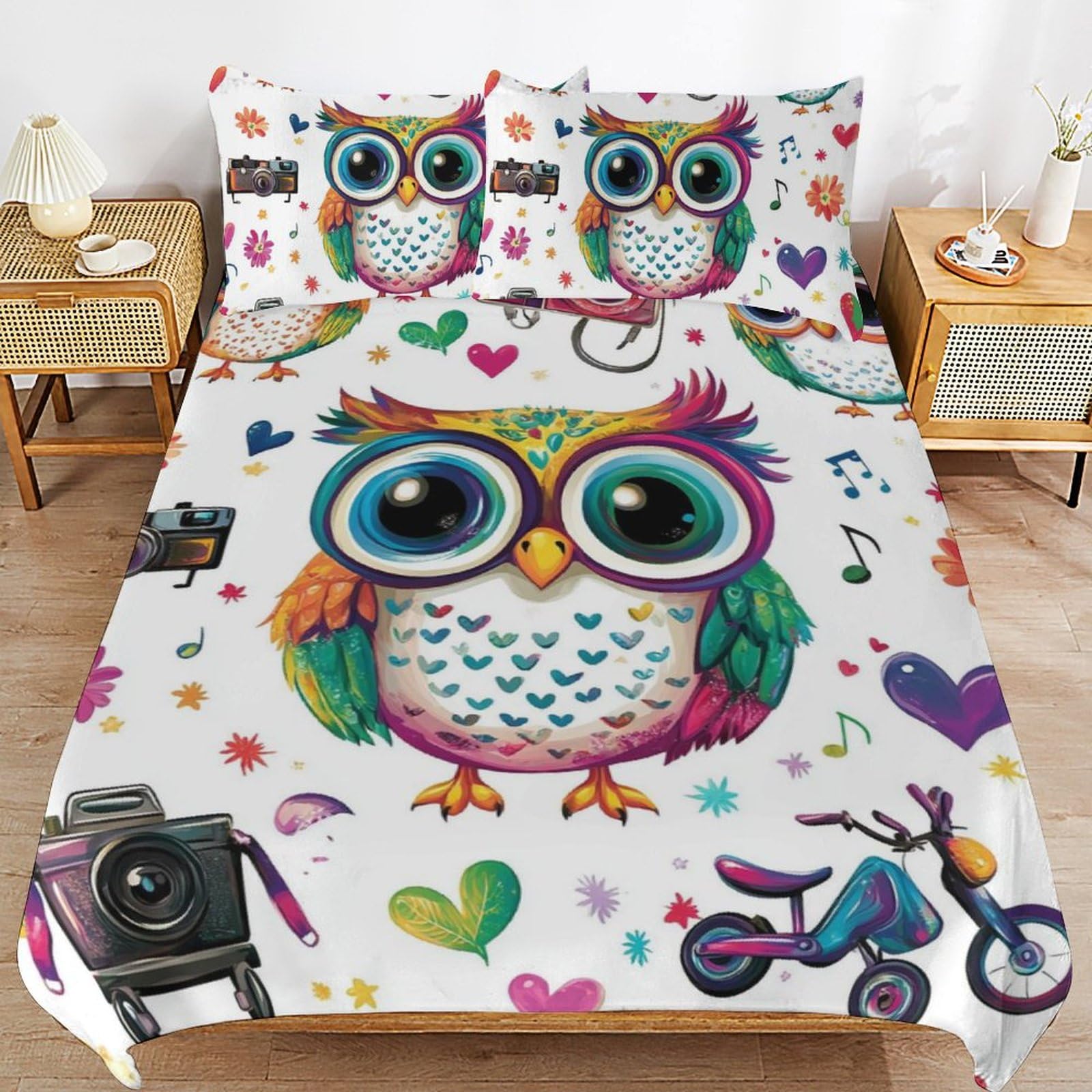 Juego de ropa de cama de búho estampado con cremallera oculta y fundas protectoras
