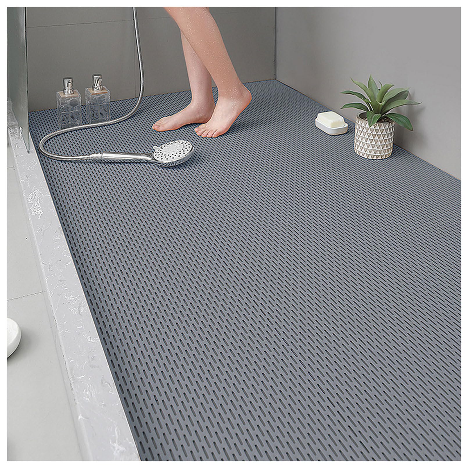 Extra große PVC-Duschmatte, rutschfest, ausgehöhlte Badewannenmatte für Dusche, übergroße rutschfeste Badematten für Innen- und Außendusche, Grau, 88,9 x 149,9 cm